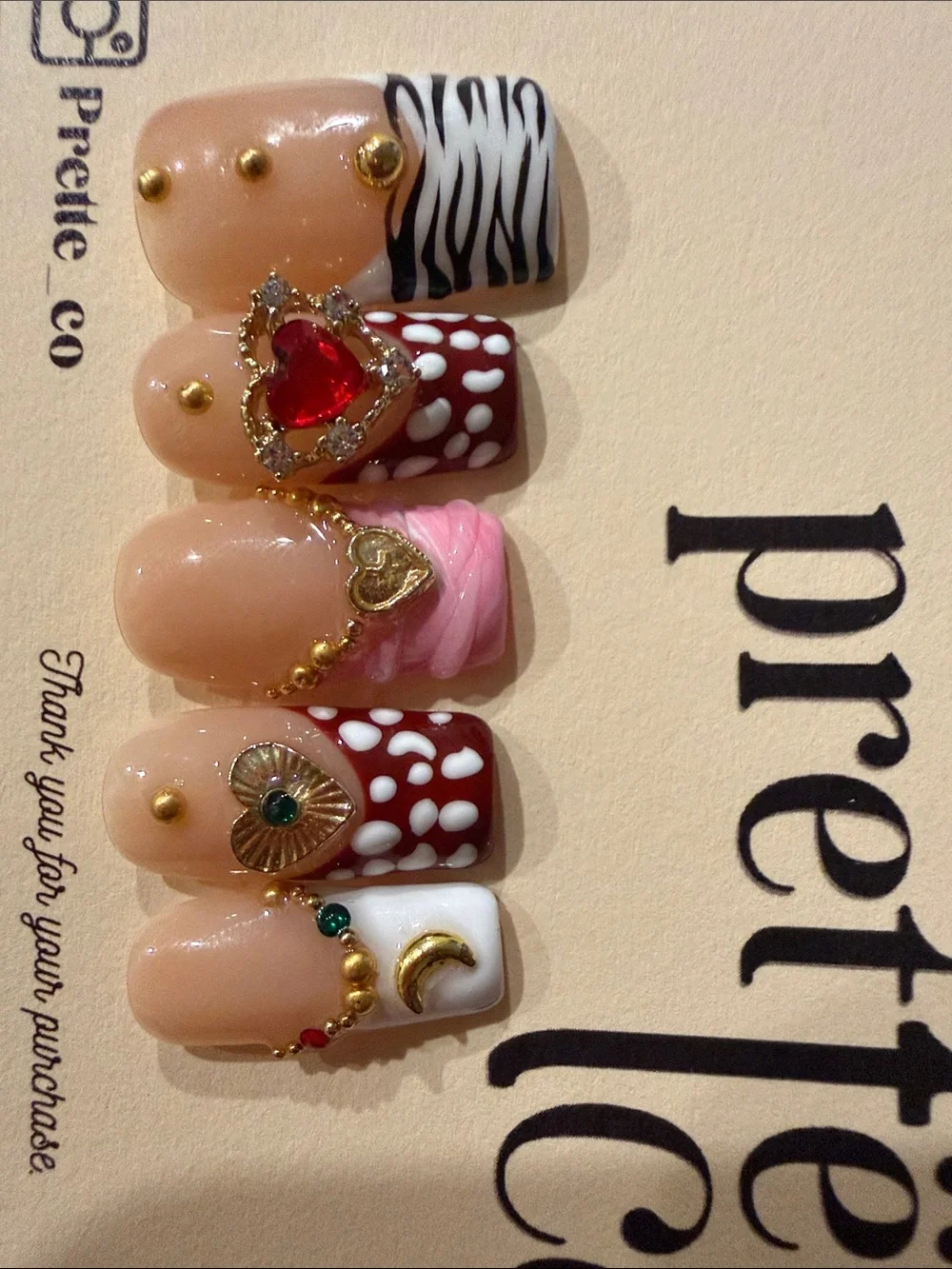Handmade acrylic Press-On Nail Set — Pink, White, Beige, Red, Gray Accents